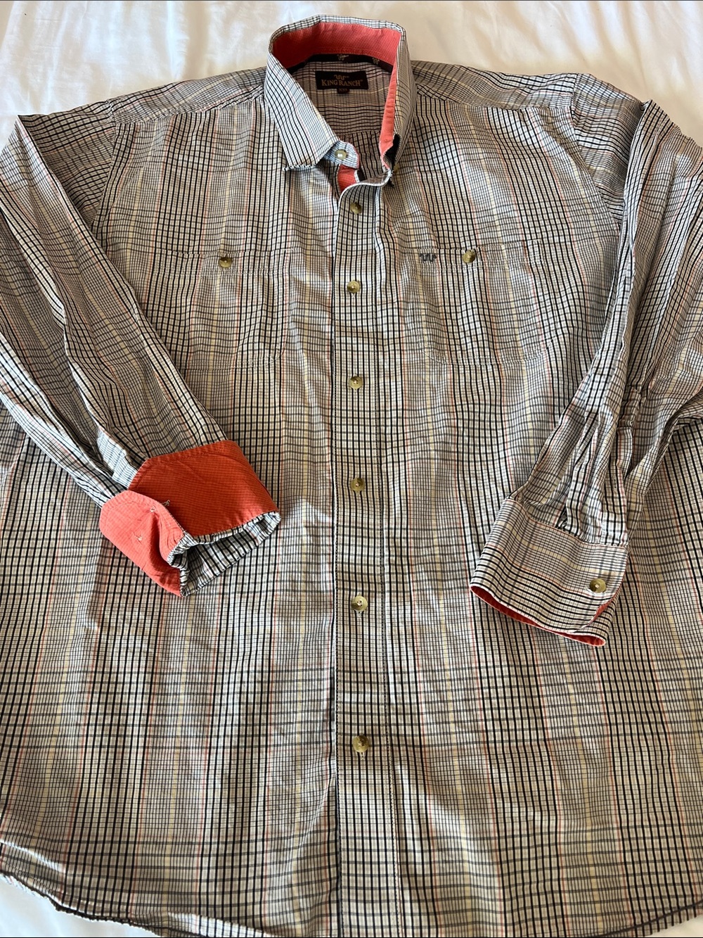 King Ranch Men's Plaid Button-Down Shirt with Coral Trim